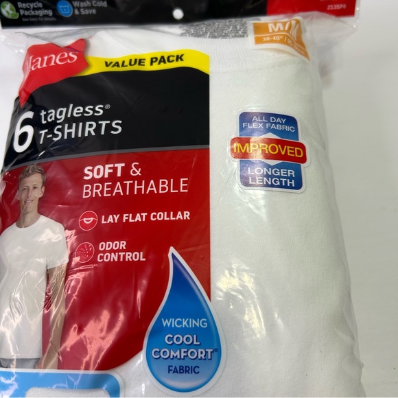 Hanes White Mens T-Shirts size M Tagless crew neck. Cool Comfort 6 pack NIB - Picture 3 of 9